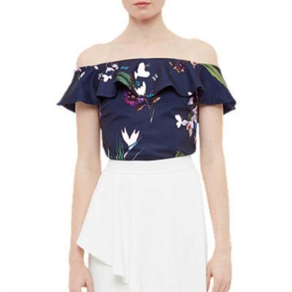 Ted Baker Imygen Tropical Oasis Frill Bardot Off Shoulder Top Navy Floral 4 12 - Picture 1 of 11
